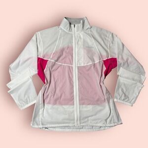 Patagonia Women's Lightweight Windbreaker Jacket L‎ Pink White Full Zip Running